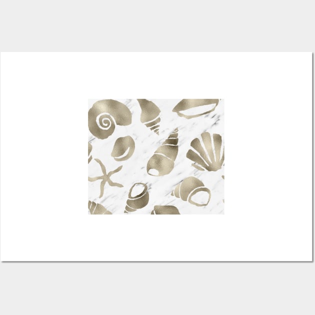 Golden South Pacific sea shells - white marble Wall Art by hamptonstyle